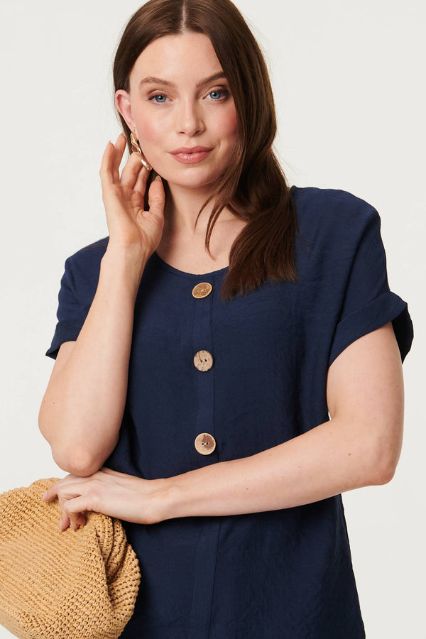 Navy | Layered Hem Short Sleeve Tunic Top