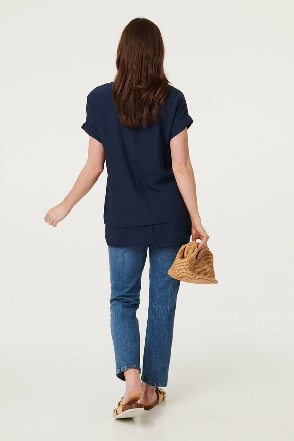 Navy | Layered Hem Short Sleeve Tunic Top