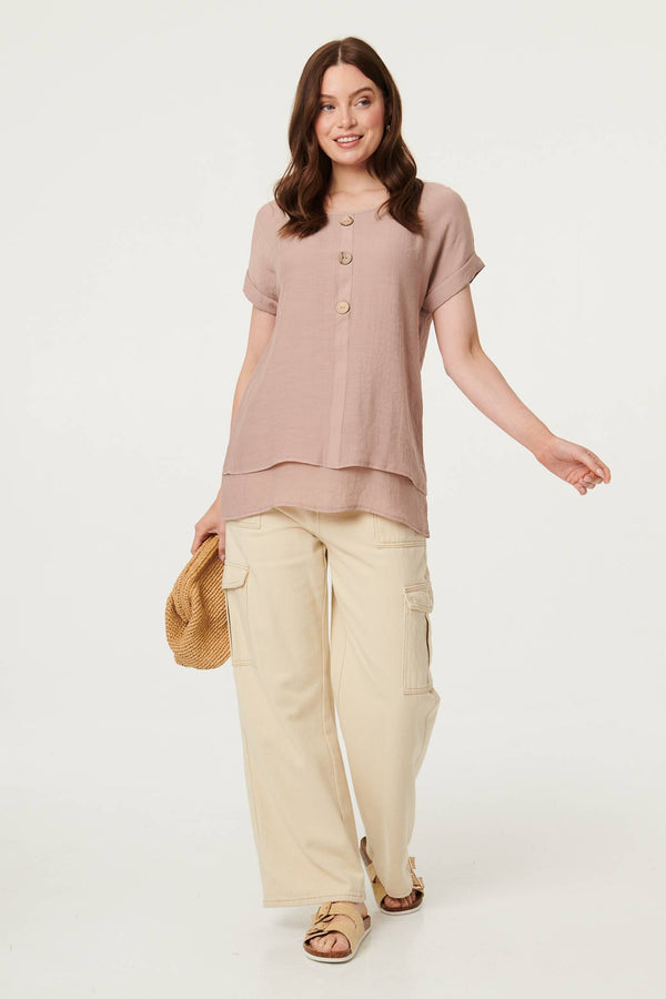 Brown | Layered Hem Short Sleeve Tunic Top