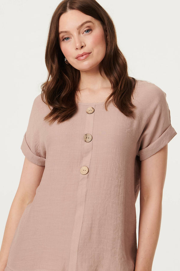 Brown | Layered Hem Short Sleeve Tunic Top