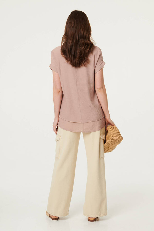 Brown | Layered Hem Short Sleeve Tunic Top