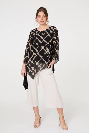 Black | Printed Asymmetric Semi Sheer Tunic Top
