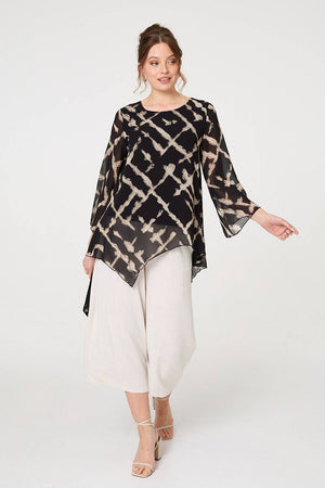 Black | Printed Asymmetric Semi Sheer Tunic Top
