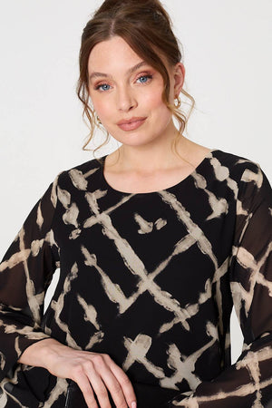 Black | Printed Asymmetric Semi Sheer Tunic Top
