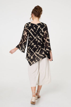 Black | Printed Asymmetric Semi Sheer Tunic Top
