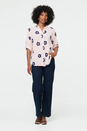 Pink | Floral 3/4 Sleeve Button Relaxed Blouse