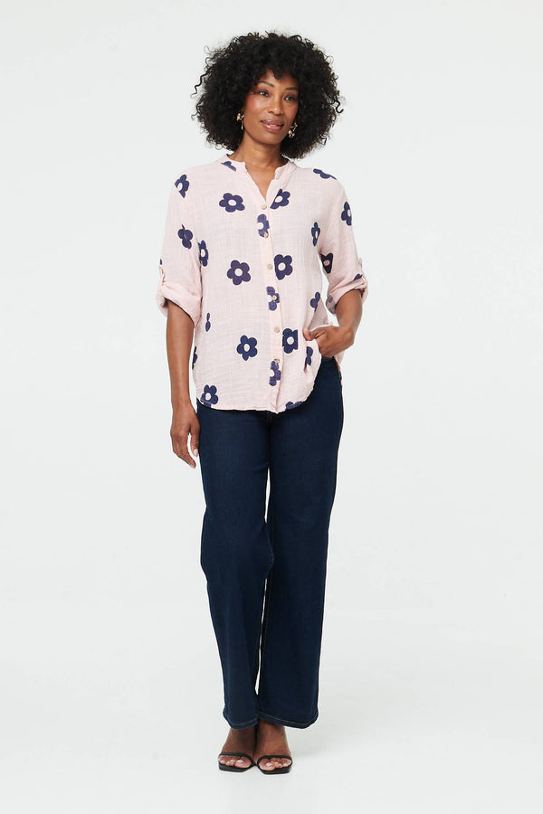 Pink | Floral 3/4 Sleeve Button Relaxed Blouse