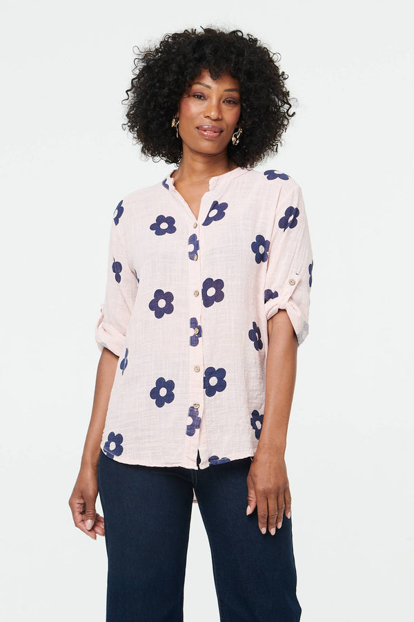 Pink | Floral 3/4 Sleeve Button Relaxed Blouse