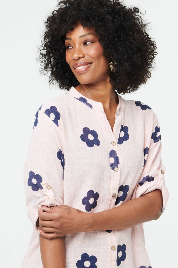 Pink | Floral 3/4 Sleeve Button Relaxed Blouse
