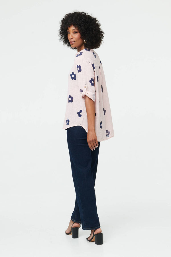 Pink | Floral 3/4 Sleeve Button Relaxed Blouse