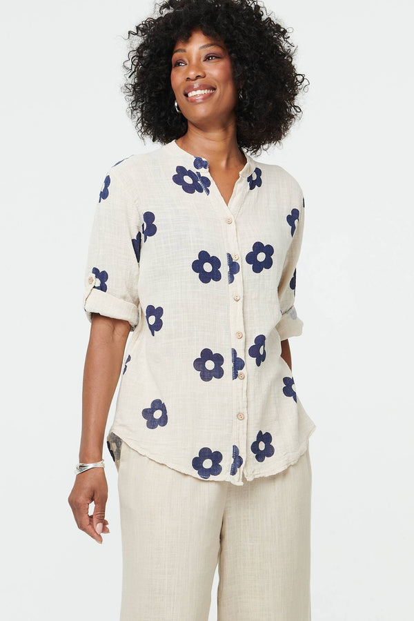 Stone | Floral 3/4 Sleeve Button Relaxed Blouse