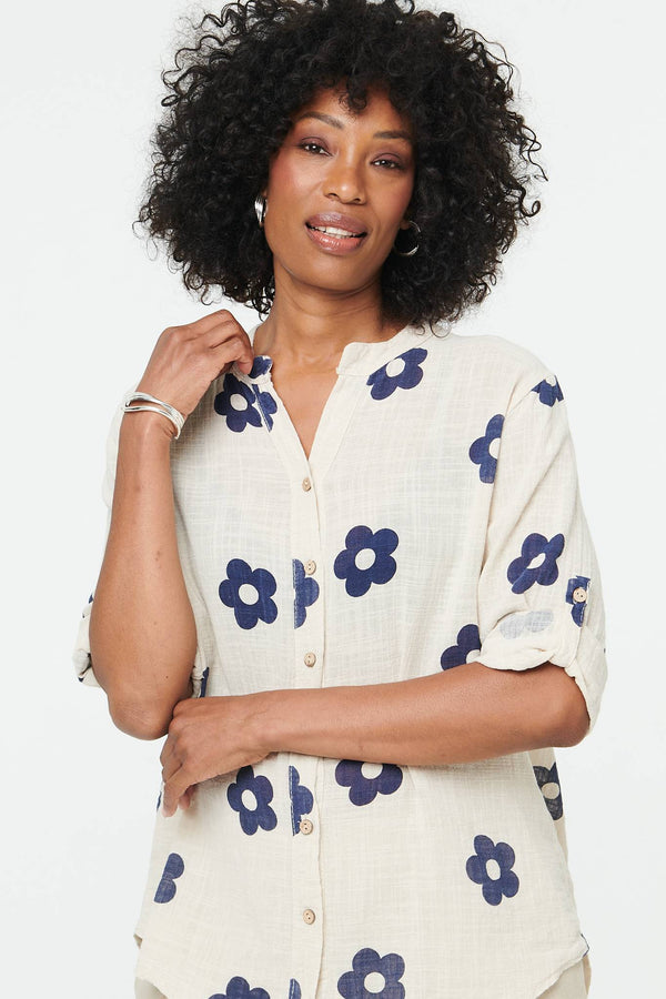 Stone | Floral 3/4 Sleeve Button Relaxed Blouse
