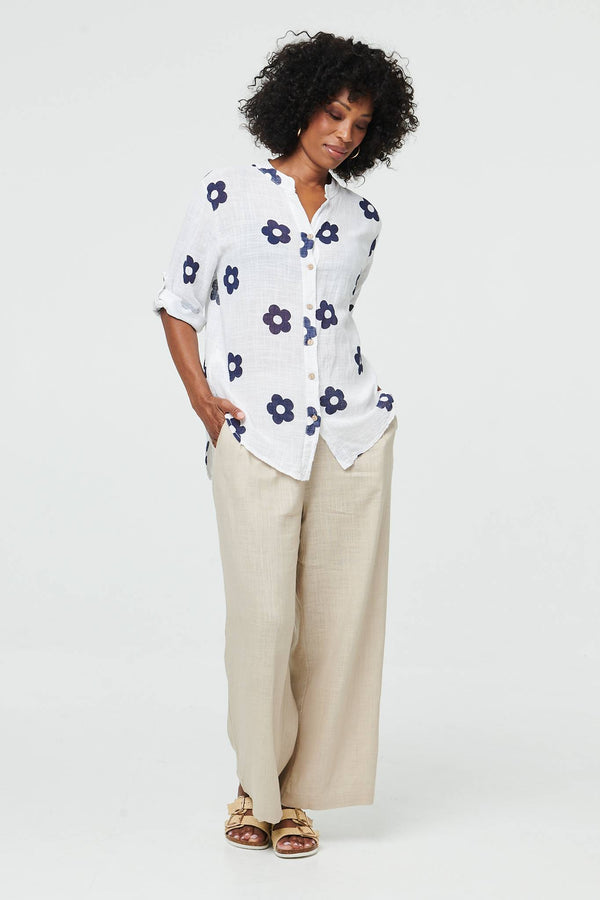 White | Floral 3/4 Sleeve Button Relaxed Blouse