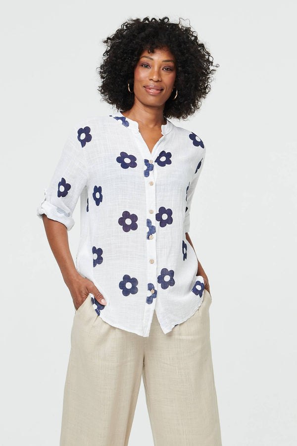 White | Floral 3/4 Sleeve Button Relaxed Blouse