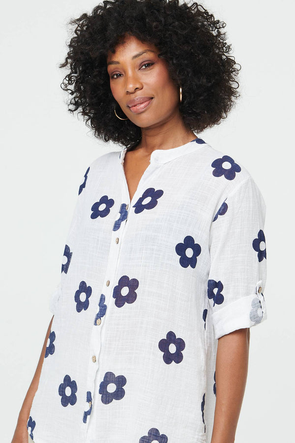 White | Floral 3/4 Sleeve Button Relaxed Blouse
