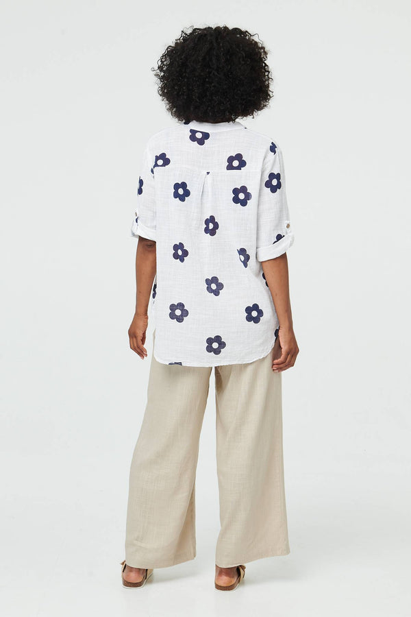 White | Floral 3/4 Sleeve Button Relaxed Blouse