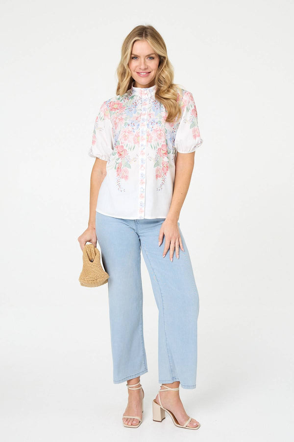 White | Floral 1/2 Puff Sleeve Boxy Shirt