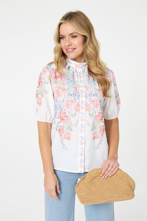 White | Floral 1/2 Puff Sleeve Boxy Shirt