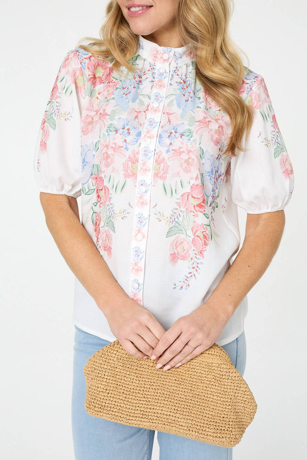 White | Floral 1/2 Puff Sleeve Boxy Shirt