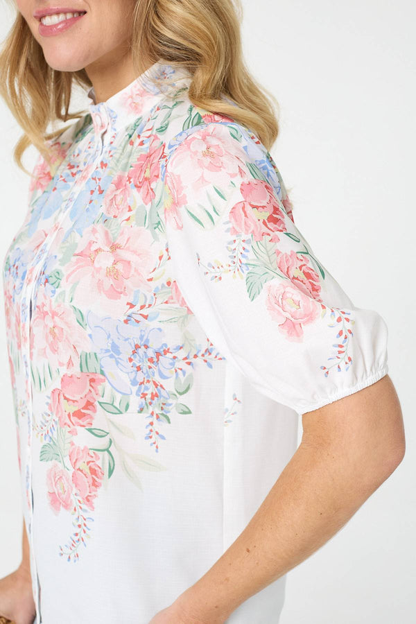White | Floral 1/2 Puff Sleeve Boxy Shirt