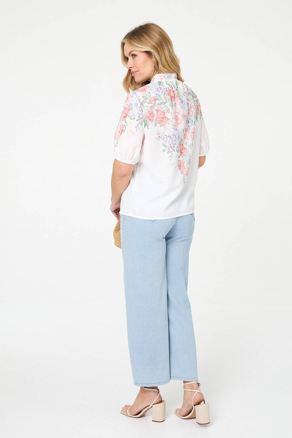 White | Floral 1/2 Puff Sleeve Boxy Shirt