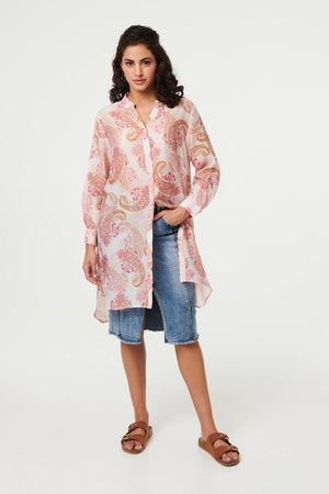 Pink | Paisley Long Sleeve Sheer Longline Shirt
