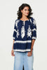 Navy | Ikat Print Tassel Tie Neck Blouse
