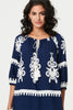 Navy | Ikat Print Tassel Tie Neck Blouse
