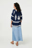 Navy | Ikat Print Tassel Tie Neck Blouse
