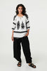 White | Ikat Print Tassel Tie Neck Blouse
