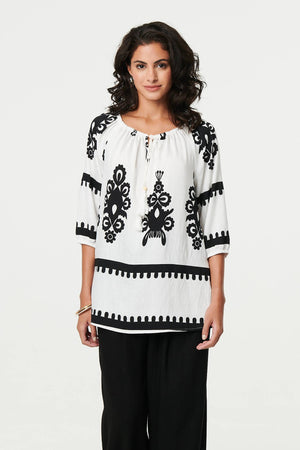 White | Ikat Print Tassel Tie Neck Blouse
