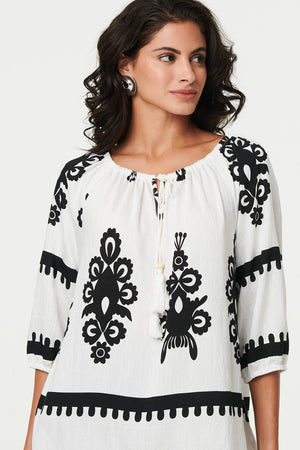 White | Ikat Print Tassel Tie Neck Blouse
