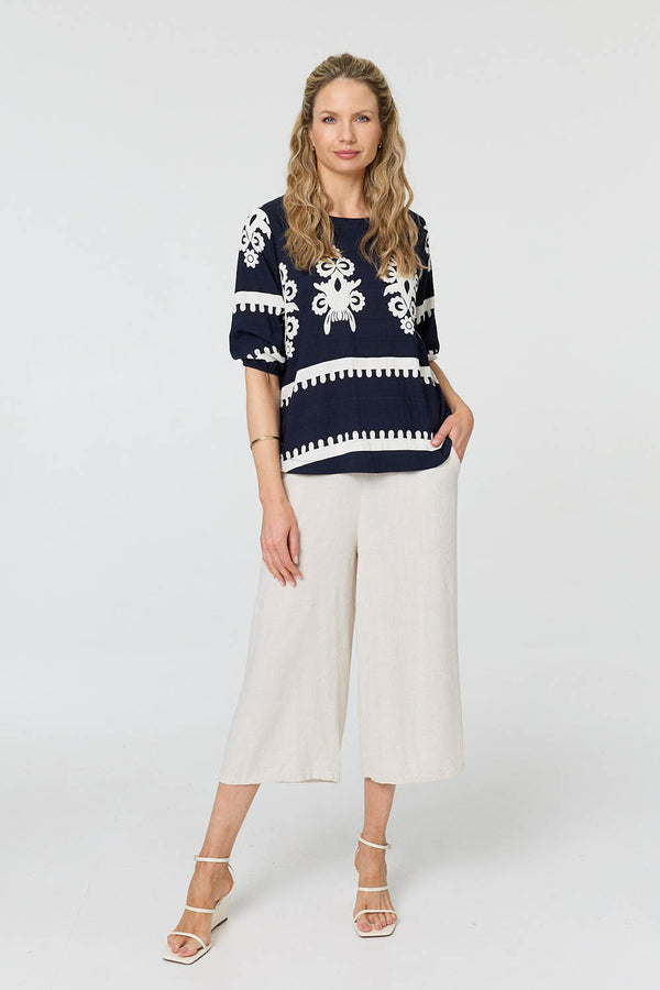 Navy | Ikat Print 3/4 Sleeve Blouse