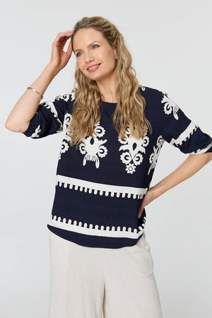 Navy | Ikat Print 3/4 Sleeve Blouse