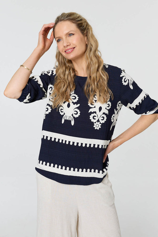 Navy | Ikat Print 3/4 Sleeve Blouse