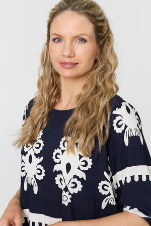 Navy | Ikat Print 3/4 Sleeve Blouse
