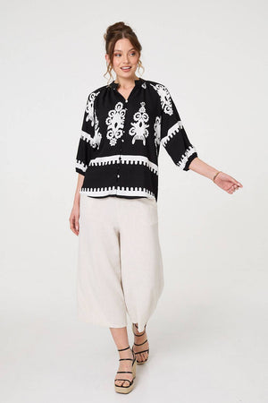 Black | Ikat Print 3/4 Sleeve Relaxed Blouse
