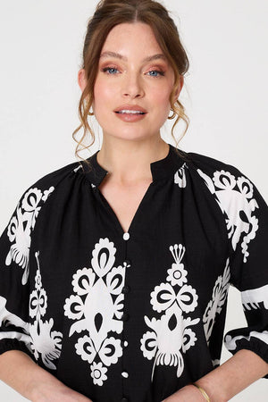 Black | Ikat Print 3/4 Sleeve Relaxed Blouse

