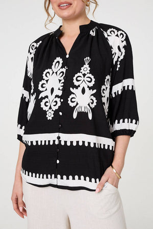 Black | Ikat Print 3/4 Sleeve Relaxed Blouse
