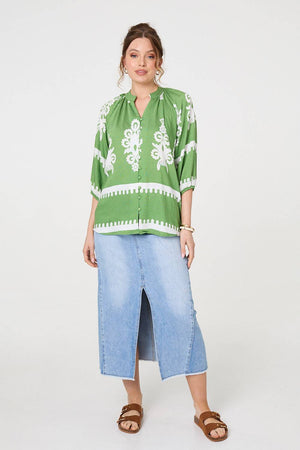 Green | Ikat Print 3/4 Sleeve Relaxed Blouse
