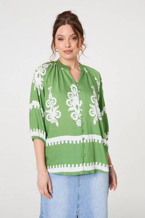 Green | Ikat Print 3/4 Sleeve Relaxed Blouse
