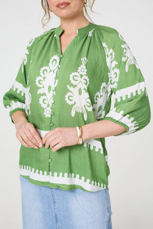 Green | Ikat Print 3/4 Sleeve Relaxed Blouse
