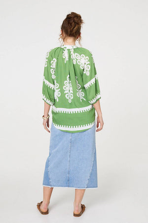 Green | Ikat Print 3/4 Sleeve Relaxed Blouse
