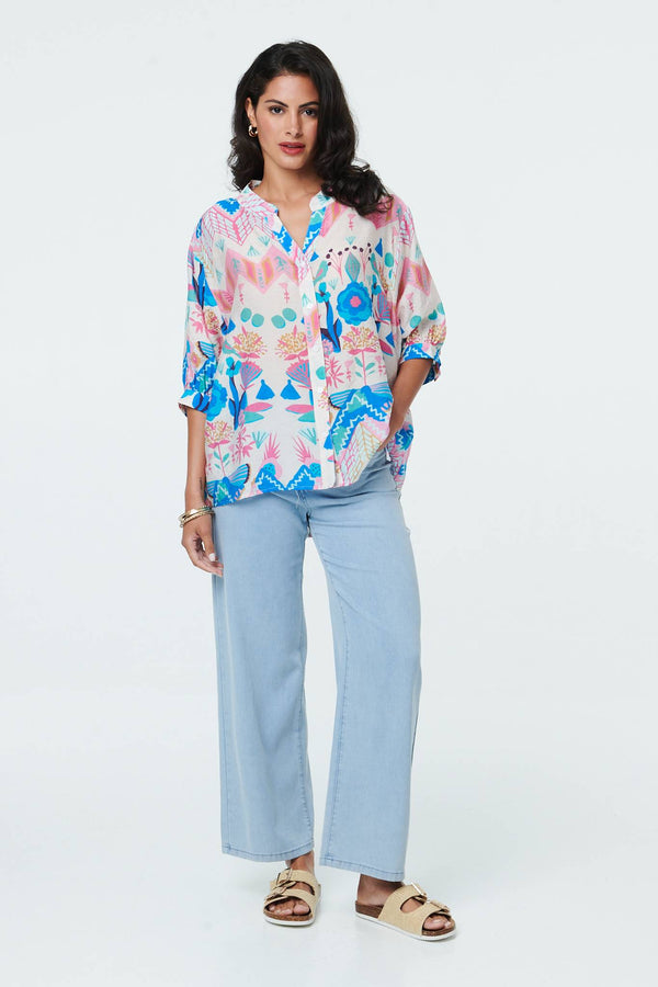 White | Abstract 3/4 Sleeve Relaxed Curve Shirt