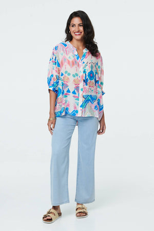 White | Abstract 3/4 Sleeve Relaxed Curve Shirt