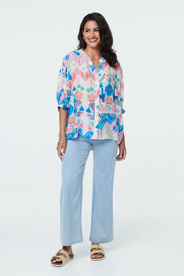 White | Abstract 3/4 Sleeve Relaxed Curve Shirt