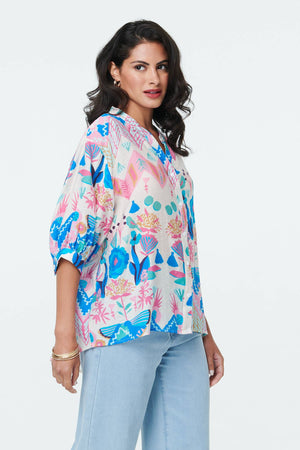 White | Abstract 3/4 Sleeve Relaxed Curve Shirt