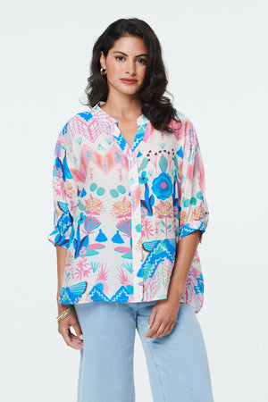 White | Abstract 3/4 Sleeve Relaxed Curve Shirt