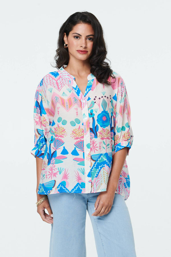 White | Abstract 3/4 Sleeve Relaxed Curve Shirt
