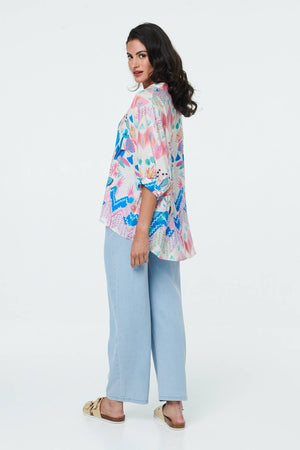 White | Abstract 3/4 Sleeve Relaxed Curve Shirt